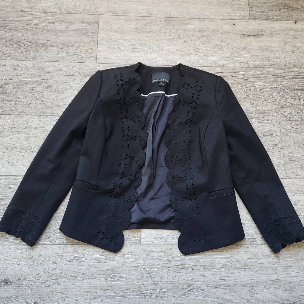 Banana Republic Black Laser Cut Scalloped Edge Open Front Blazer Jacket Womens 0